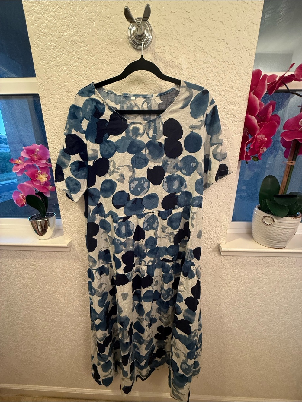 Lagenlook Inspired Blue Abstract Print Tiered Maxi Dress Cotton Blend S- Large